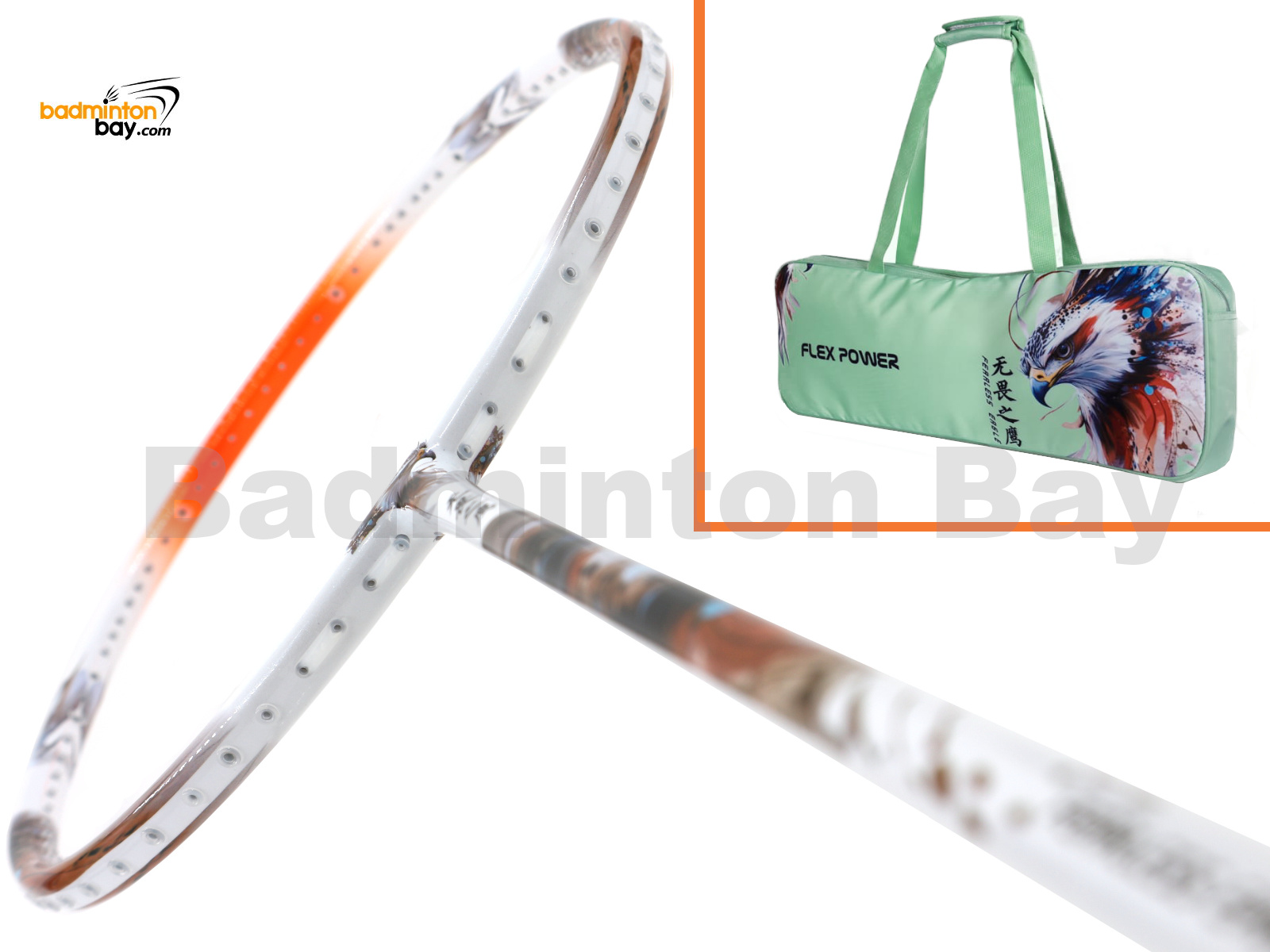 Flex Power - Fearless Eagle White Orange 5U Predator Series Limited Edition Badminton Racket with Single