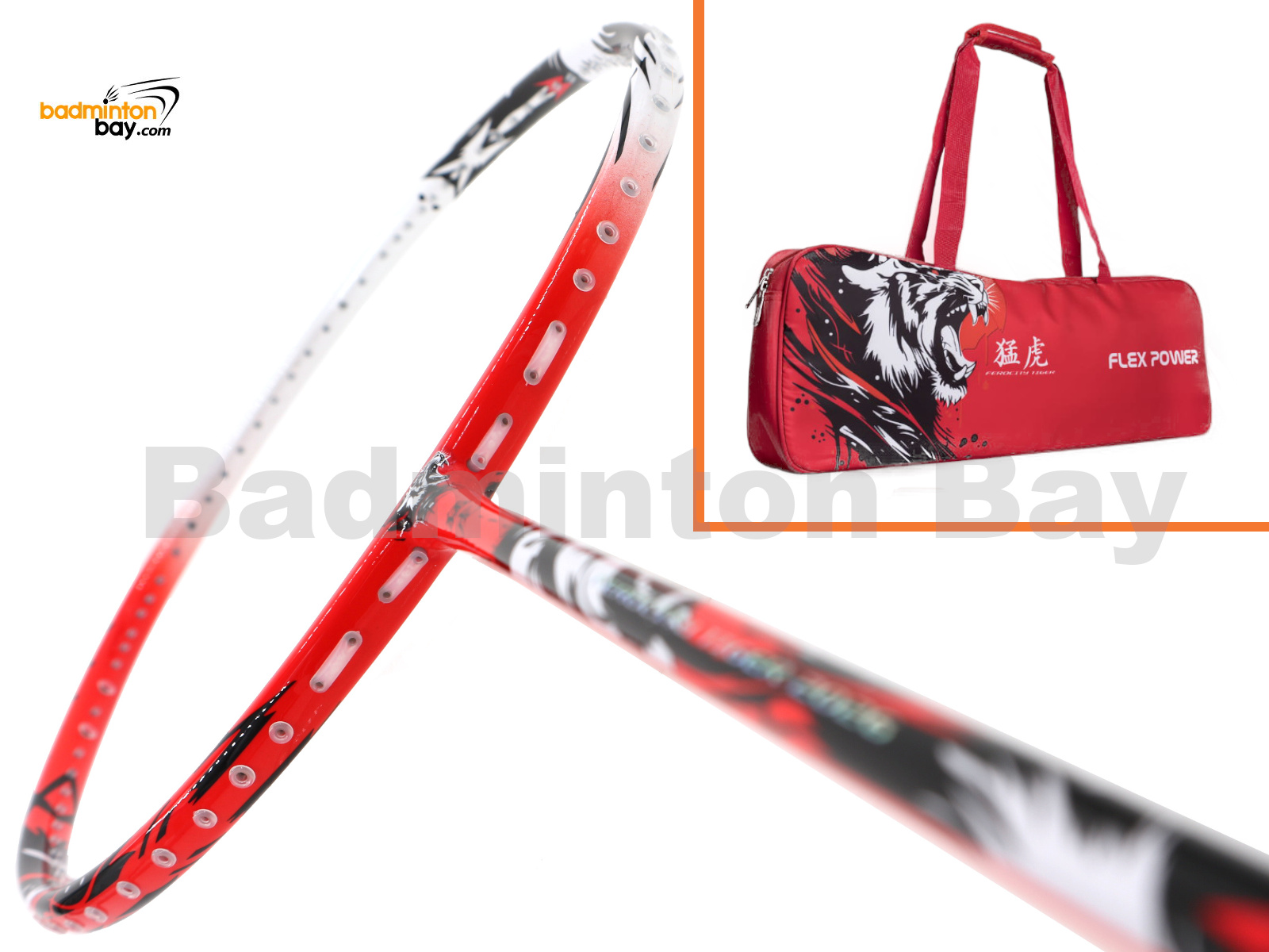 Flex Power - Ferocity Tiger Scarlet Red White 5U Predator Series Limited Edition Badminton Racket with Single Bag